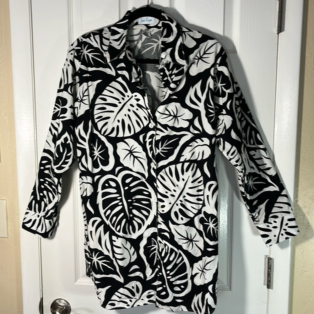 James Gunn VTG blk whtcotton button down tropical print shirt long sleeve sz L